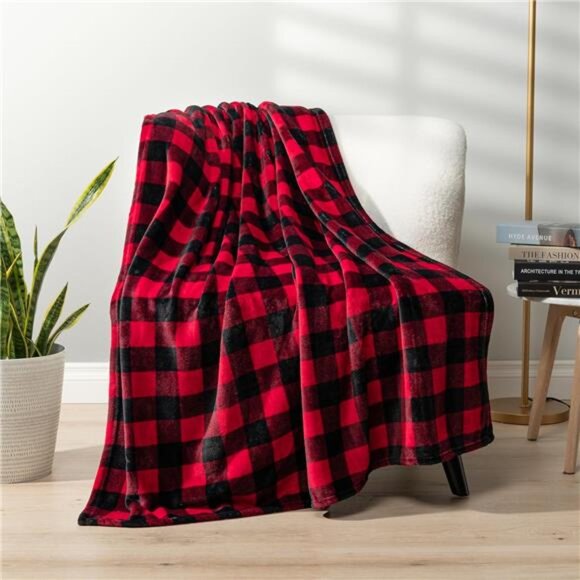 PAVILIA Black and Red Buffalo Plaid Fleece Throw Blanket for Couch, Soft - Picture 3 of 7